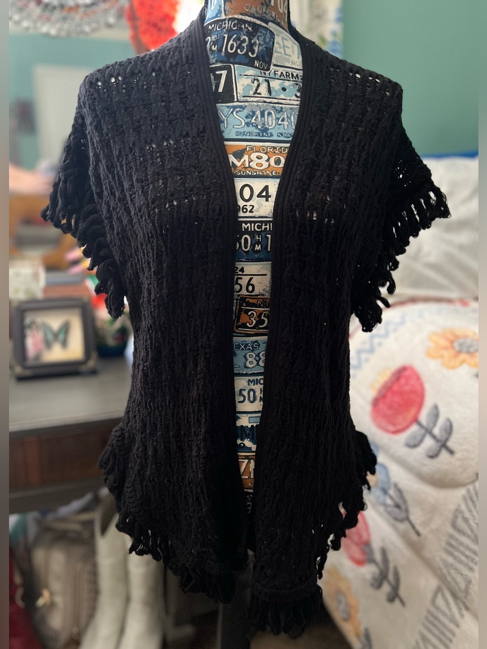 Anthropologie Black Open-Knit Fringe Vest